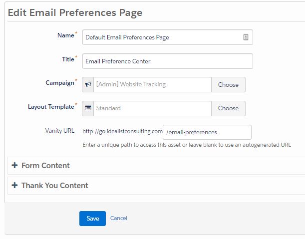 Editing the email preference page Pardot